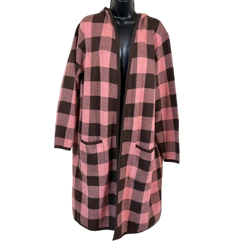 D&CO. HOODED OPEN FRONT BROWN AND PINK BUFFALO PLAID CARDIGAN DUSTER